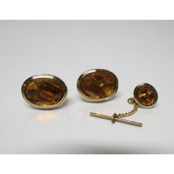 Tivoli Faux Amber Gold Tone Cufflinks & Tie Pin Chain Set - Picture 2 of 13